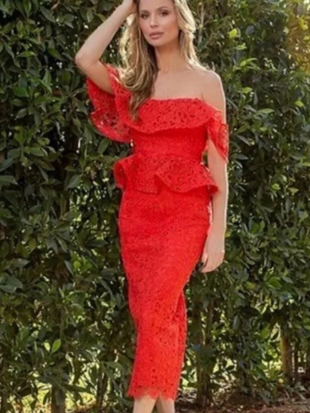 Muse by Marchesa Off-Shoulder Red Lace Peplum Midi Dress